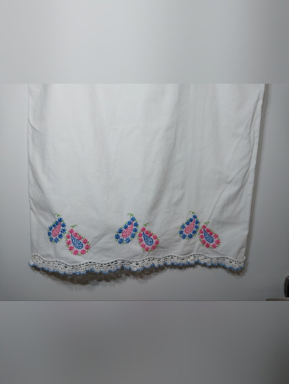Vintage embroidered standard pillowcase white blue pink flowers